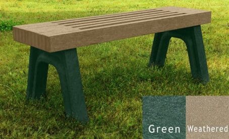 The Elite 4' flat bench features an upscale, modern look with a slatted design. Made out of 100% recycled plastic. Shown with a green frame and weathered boards.