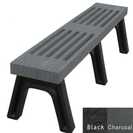 The Elite 6 ft commercial flat bench with a slatted design. This gives the bench an upscale and modern look. Made out of 100% recycled HDPE plastic. Shown with a black frame and charcoal planks.