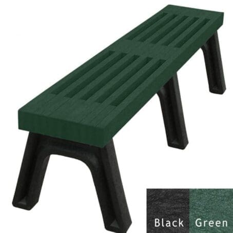 The Elite 6 ft commercial flat bench with a slatted design. This gives the bench an upscale and modern look. Made out of 100% recycled HDPE plastic. Shown with a black frame and green planks.