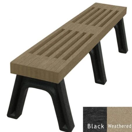 The Elite 6 ft commercial flat bench with a slatted design. This gives the bench an upscale and modern look. Made out of 100% recycled HDPE plastic. Shown with a black frame and weathered planks.