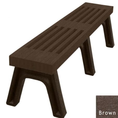 The Elite 6 ft commercial flat bench with a slatted design. This gives the bench an upscale and modern look. Made out of 100% recycled HDPE plastic. Shown with a brown frame and brown boards.