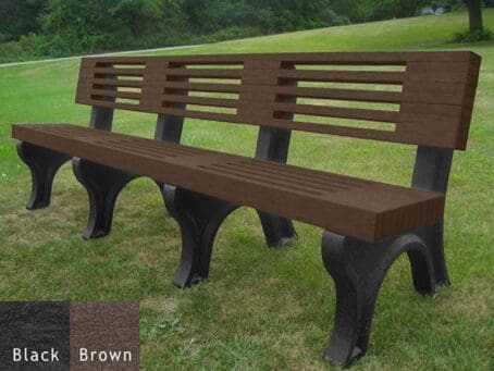 Elite 8' Backed Bench with Black base & Brown boards with backyard background
