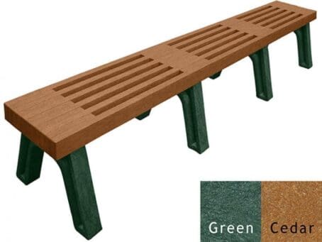 The Elite 8 ft outdoor modern flat bench with a slatted design. Made out of 100% recycled HDPE plastic. Shown with a green frame and cedar seat.