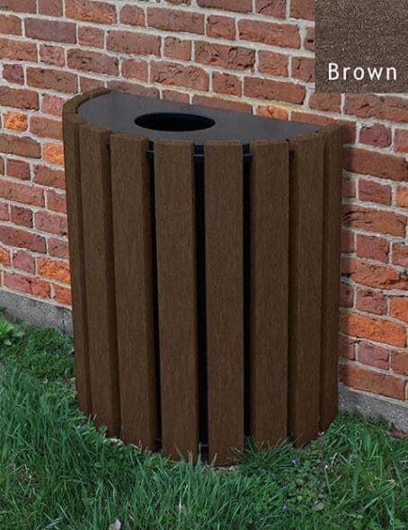 Half Round Receptacle 14 Gallon Brown color placed against brick wall