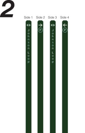 Green 6 ft Mile Marker with directional engravings on all 4 sides filled with off-white inlay