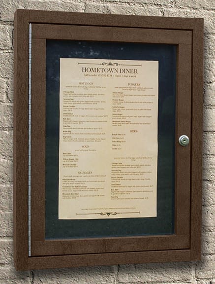 Menu Enclosure Brown in color mounted on restaurant brick wall displaying diner options