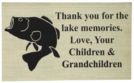 4" x 6" plastic laminate plaque with gold finish and black text with a bass fish logo