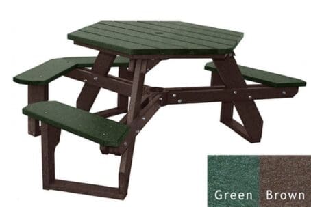 An Open Hexagon Universal Access picnic table with seating for 4 people plus a spot for wheelchair access. Made out of recycled HDPE plastic. Shown with a brown frame and green top and seat boards.