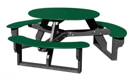 Open Round picnic table with a smooth top, perfect for schools and restaurants. The frame is made out of recycled plastic and the top and seats are made with HDPE plastic. Shown with a black frame and green top and seats.