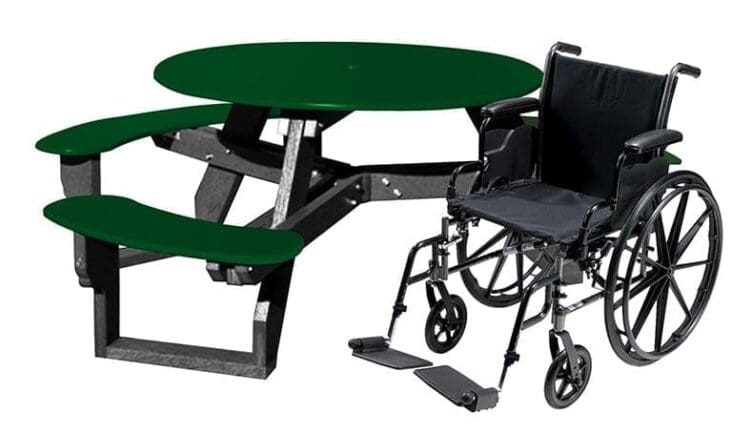 Open Round Universal Access outdoor picnic table with a smooth top, perfect for schools and restaurants. Seats 4 people plus a spot for wheelchair access. The frame is made out of 100% recycled plastic and the top and seats are made with HDPE sheet plastic. Shown with a black frame and green top and seats.