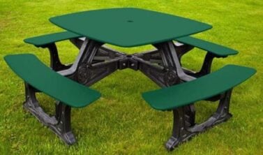 Bistro Outdoor Dining Table with a square top and seating for 8 people. This table is made with our Green-Scapes designer frame which looks like black cast iron, but made from solid, recycled HDPE plastic. The top is made with HDPE sheet plastic. Shown with a black frame and green top and seat.
