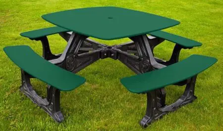 Bistro Outdoor Dining Table with a square top and seating for 8 people. This table is made with our Green-Scapes designer frame which looks like black cast iron, but made from solid, recycled HDPE plastic. The top is made with HDPE sheet plastic. Shown with a black frame and green top and seat.