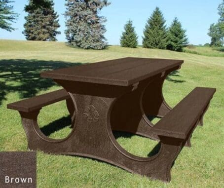 6 foot Polly Tuff Easy Access park picnic table made of recycled plastic. Shown with a brown frame and brown top and seat boards.