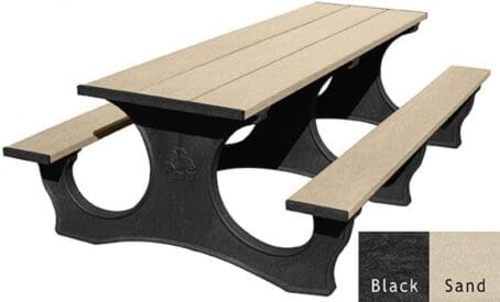 Polly Tuff Easy Access 8 foot commercial outdoor picnic table made of recycled plastic. Shown with a black frame and sand top and seat boards.