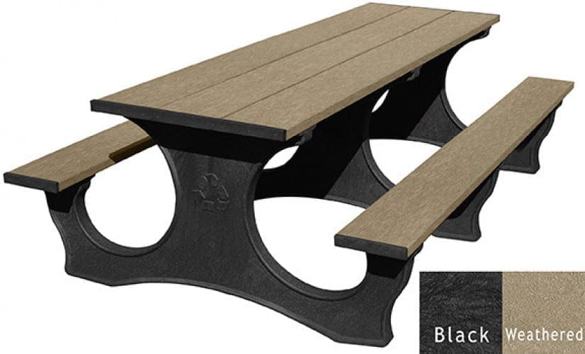 Polly Tuff Easy Access 8 foot commercial outdoor picnic table made of recycled plastic. Shown with a black frame and weathered top and seat boards.