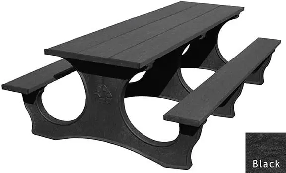 Polly Tuff Easy Access 8 foot commercial outdoor picnic table made of recycled plastic. Shown with a black frame and black top and seat boards.