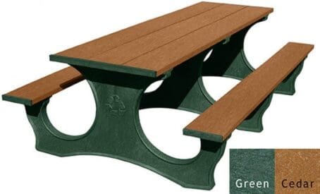 Polly Tuff Easy Access 8 ft outdoor picnic table made of recycled plastic. Shown with a green frame and cedar top and seat boards.