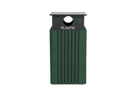 Green colored 40 Gallon recycling Bin to collect plastic has a black rain cap engraved with "Plastic" and filled with white inlay resin.