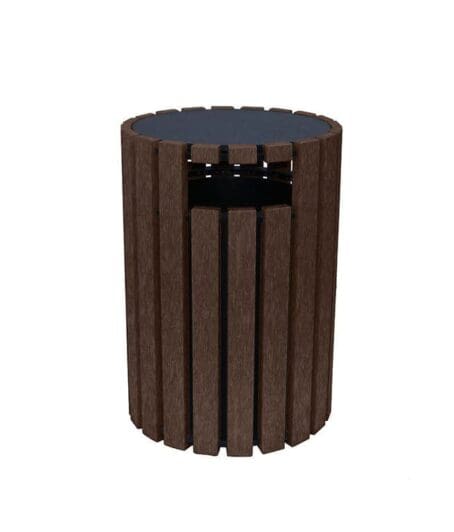 Round 33 Gallon Receptacle with Rain Cap made from recycled plastic Brown lumber