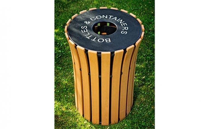 Round Flare Top Receptacle in 33 Gallon size with an engraved, flat-top lid in color cedar.