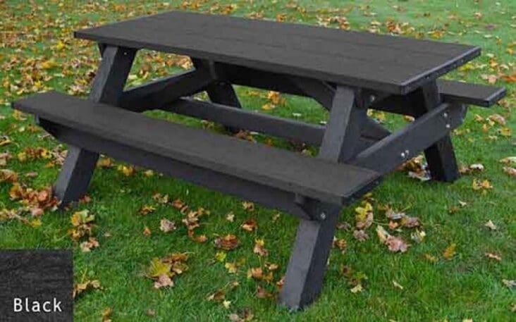 A 6 foot Standard outdoor picnic table made out of recycled HDPE plastic. Shown with a black frame and black top and seat boards.