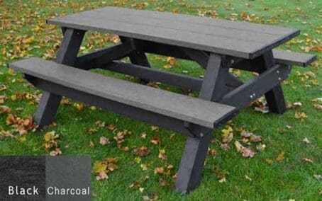 A 6 ft Standard outdoor picnic table made out of recycled HDPE plastic. Shown with a black frame and charcoal top and seat boards.