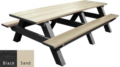 A Standard 8 foot outdoor park picnic table made of recycled HDPE plastic. Shown with a black frame and sand top and seat boards.