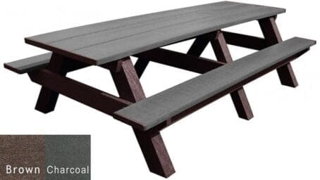 A Standard 8' outdoor park picnic table made of recycled HDPE plastic. Shown with a brown frame and charcoal top and seat boards.