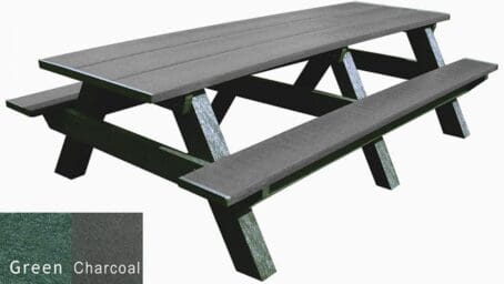 A Standard 8' outdoor picnic table made of recycled plastic. Shown with a green frame and charcoal top and seat boards.