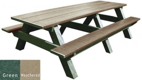 A Standard 8' outdoor picnic table made of recycled plastic. Shown with a green frame and weathered top and seat boards.