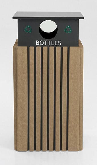 Tall 40 gallon bottle recycling receptacle in color Weathered Wood with the word 'bottles' engraved on the front