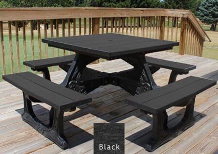Town Square table placed on a deck and made with 100% recycled HDPE plastic. This table has a square top and our upscale Green-Scapes frame that looks like black cast iron, but made out of solid, recycled plastic. Shown in a black frame and black top and seat boards.