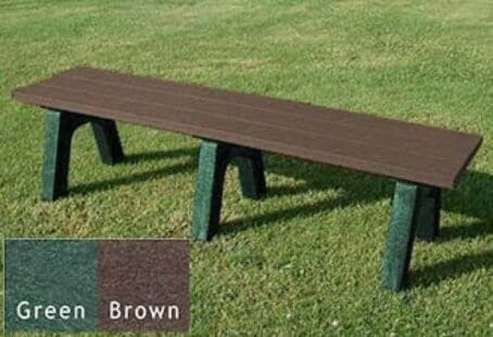 6 ft Traditional outdoor flat bench made with our strong and durable 2"x6" planks. Made from 100% recycled HDPE plastic. Shown on grass with a green frame and brown boards.
