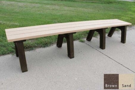 Traditional 8 foot outdoor flat bench made of recycled plastic. This bench uses our durable 2"x6" planks and is perfect for sports areas, parks, and trails. The bench is shown on a concrete pad with a brown frame and sand boards.