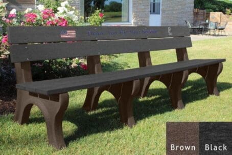 recycled plastic Veteran's 8' backed Bench with a brown base and black boards memorial bench