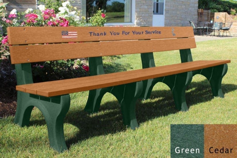 Veteran's 8' backed Bench with a green base and cedar boards memorial bench