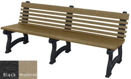 The Willow 6 foot outdoor bench, features a sleek and contemporary design. Made out of 100% recycled HDPE plastic. Shown with a black frame and weathered planks.