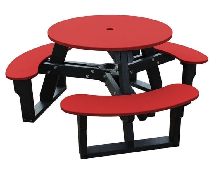 New Open Round outdoor youth picnic table with a smooth top. This is the kid size version of our Open Round Table and perfect for ages 3-6. The frame is made out of 100% recycled plastic and the top and seats are made with HDPE sheet plastic. Shown with a black frame and red top and seats.