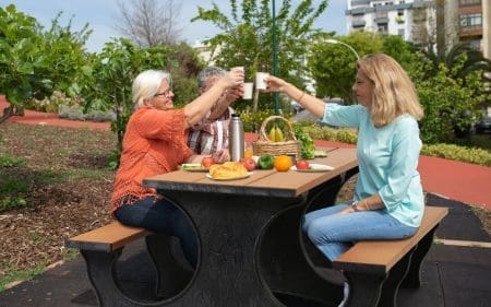 Two ladies clinking glasses while having a picnic on a 6 foot Easy-Access picnic table