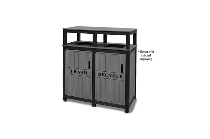 2T32 double 32 gallon receptacle unit with built-in rain cap has charcoal panels and black frame