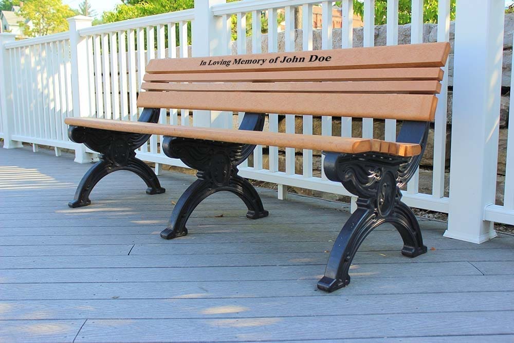 Cambridge 6ft backed bench Cedar color with custom engraving