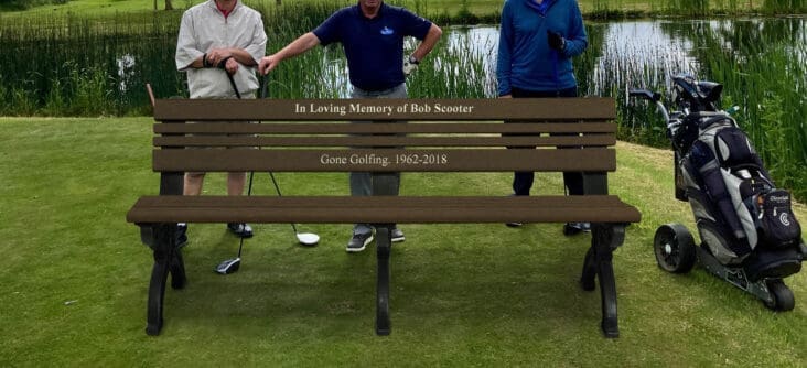 Cambridge 6ft Backed Bench engraved to memorialize a fellow golfer