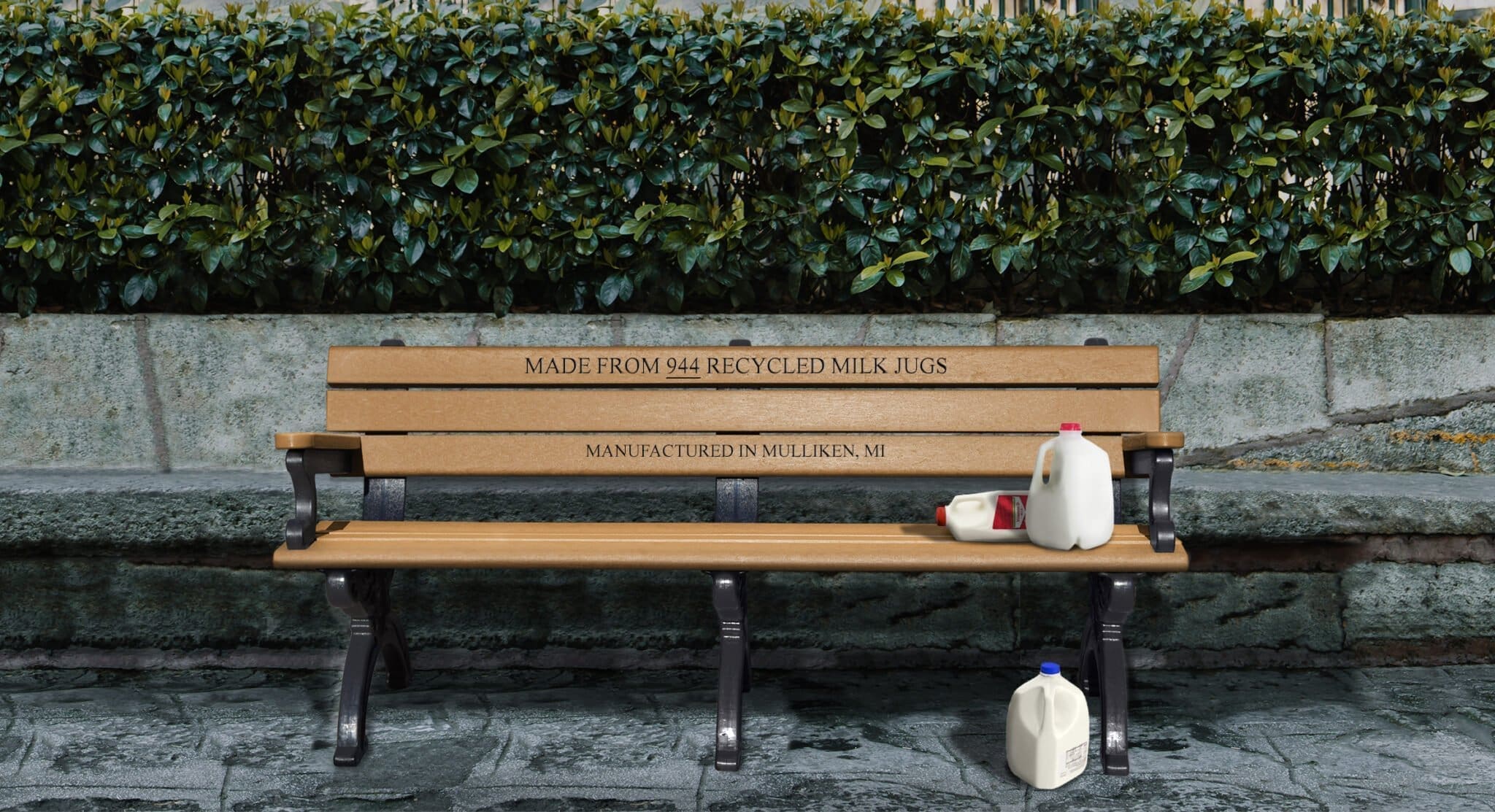 Silhouette 6ft backed bench w/ arms & milk jugs shown sitting on bench