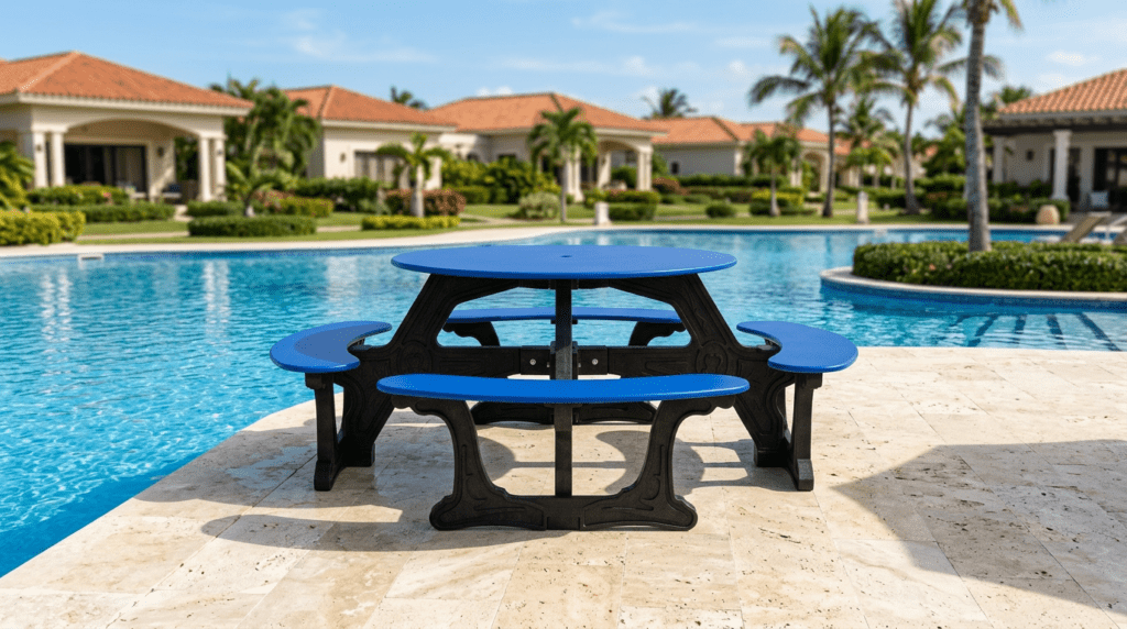 Blue top Cantina table next to a poolside.