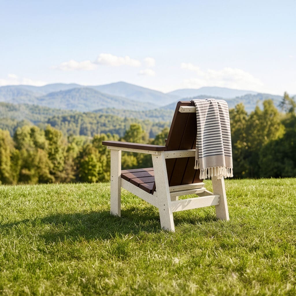 White & Brown NOVA Adirondack Chair Made from Recycled HDPE Plastic in backyard