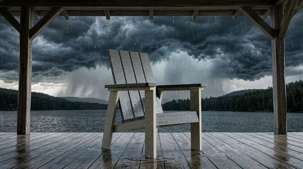 American Made NOVA Adirondack Chair on a deck Lake front Patio